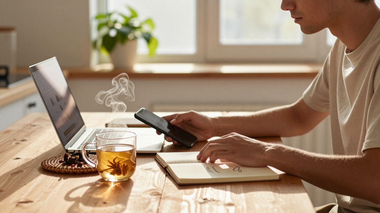 Pessoa a trabalhar numa mesa com portátil, a consultar telemóvel, caderno e chá quente a vapor.