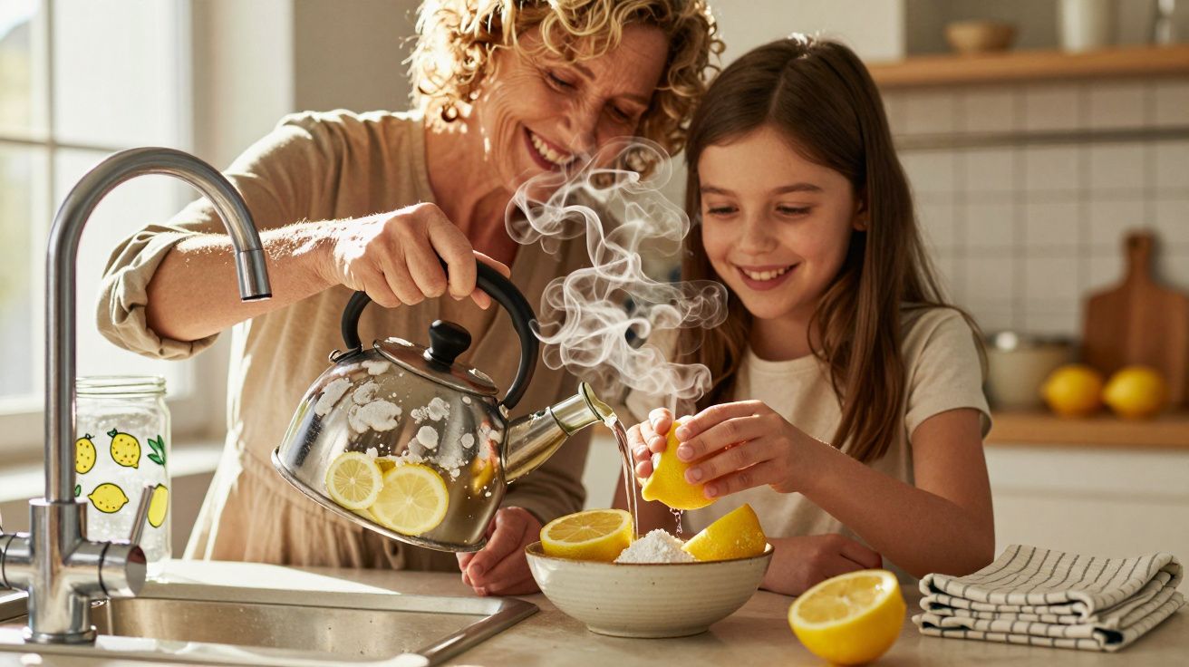 Mulher e menina preparam infusão de limão numa cozinha iluminada e moderna com utensílios em madeira.