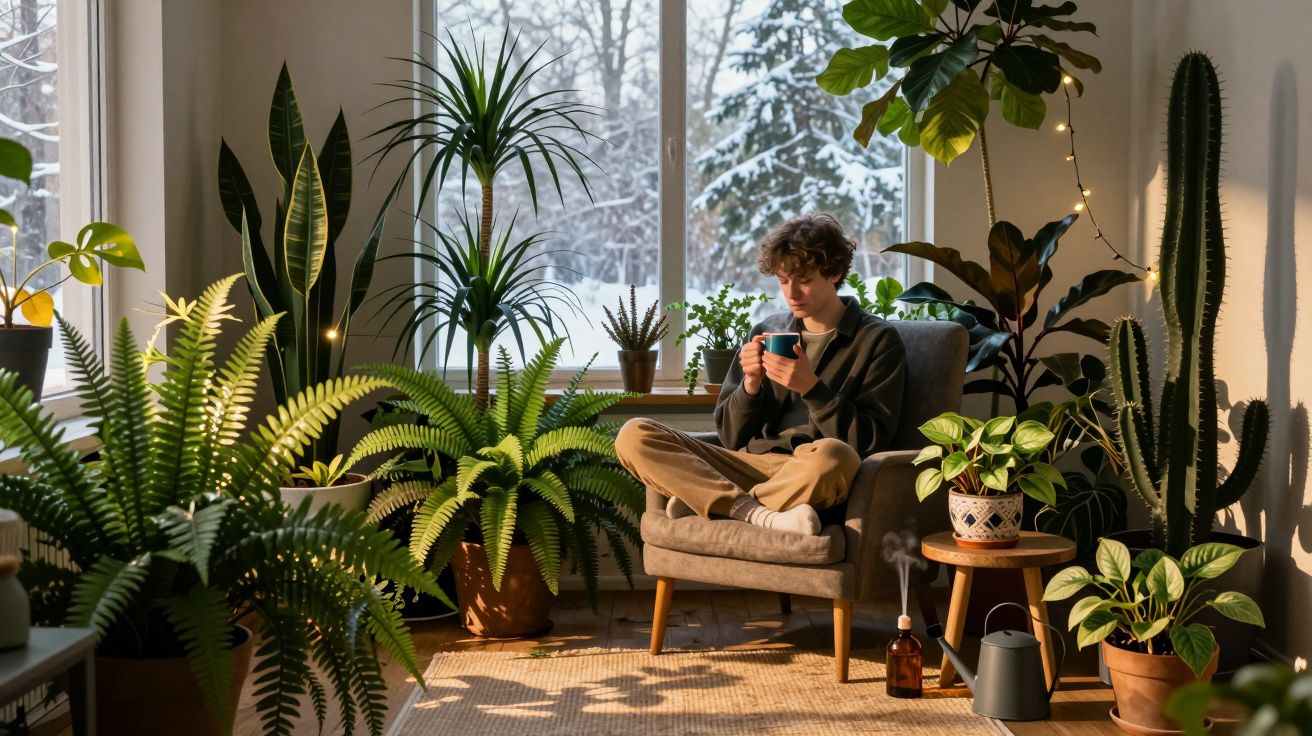 Homem sentado numa poltrona rodeado de plantas numa sala iluminada por janela com vista para neve.