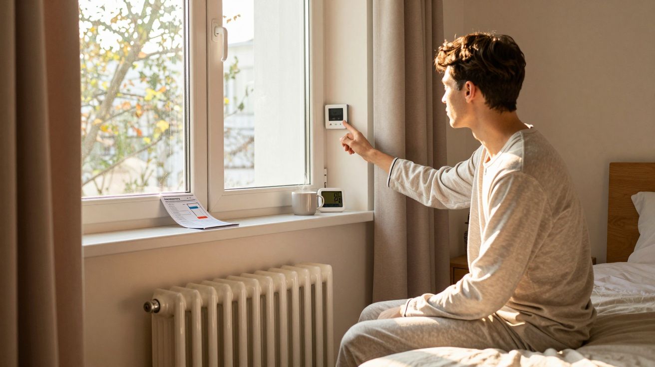 Homem sentado na cama ajusta termóstato perto da janela com luz natural de manhã.