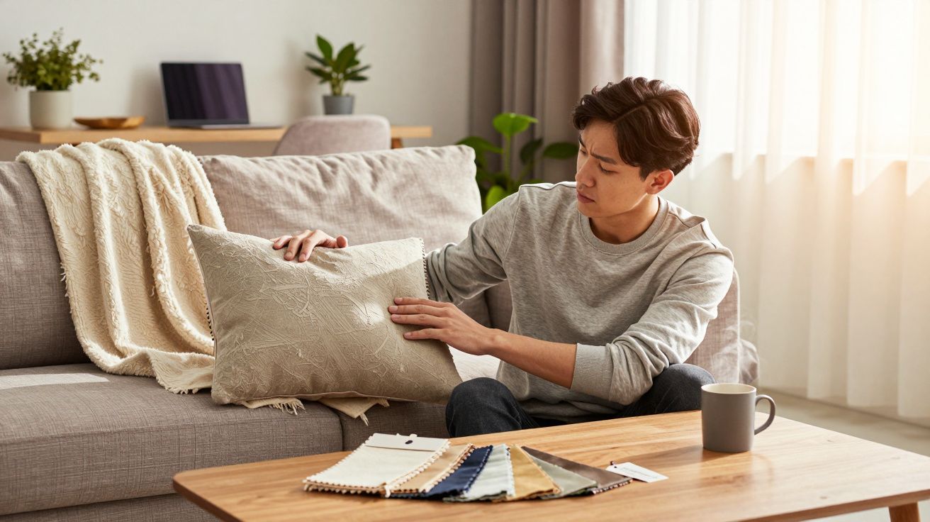 Homem sentado no sofá a escolher almofada entre várias amostras de tecidos num ambiente luminoso.