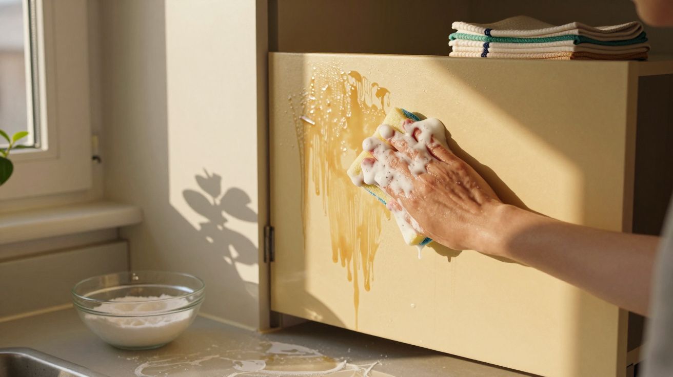 Mão a limpar um móvel com uma esponja ensaboada e restos de líquido derramado numa cozinha iluminada.