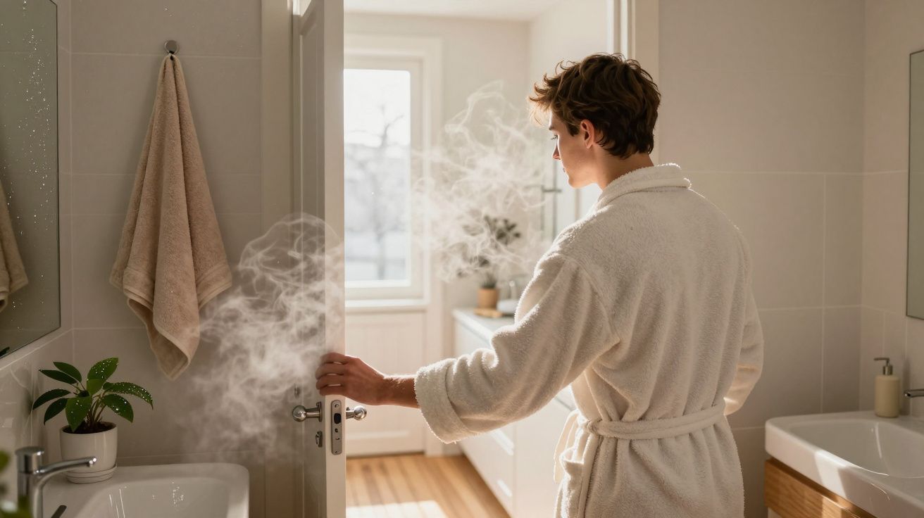 Pessoa de roupão branco a abrir porta de casa de banho com vapor no ar e luz natural a entrar pela janela.