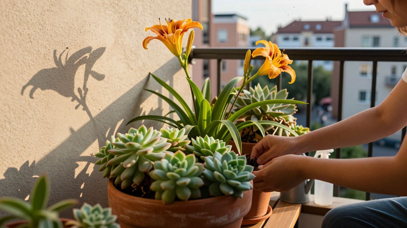 Mãos a cuidar de suculentas e lírios em vaso num parapeito de janela com edifícios ao fundo.