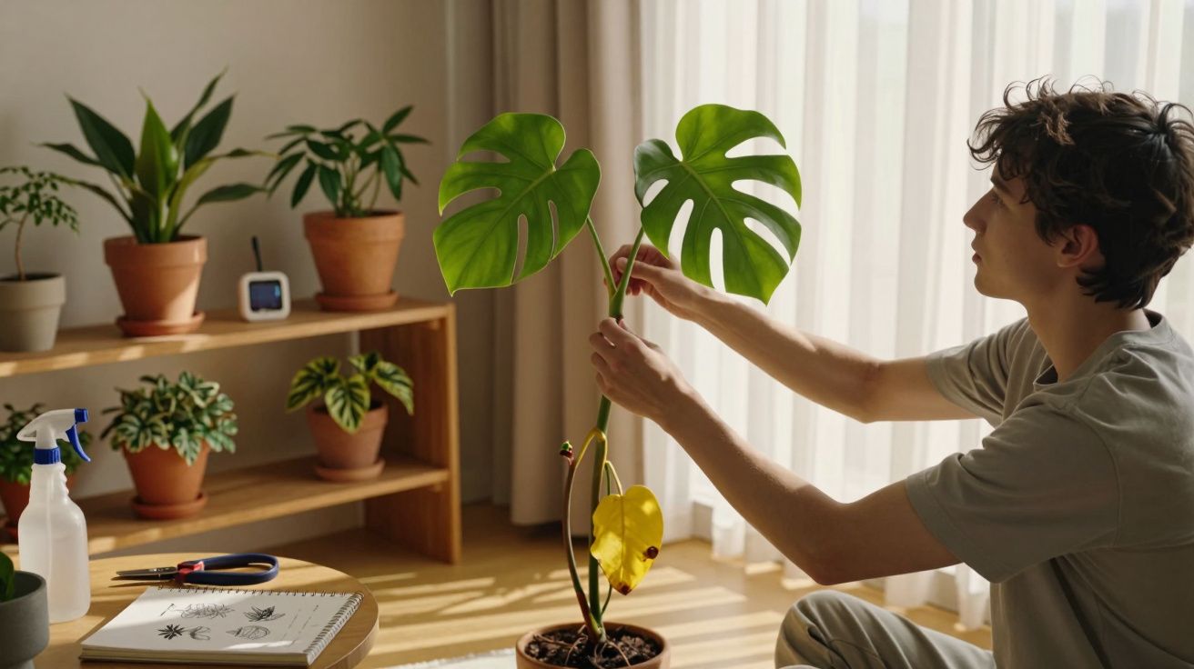 Pessoa a cuidar de planta Monstera num quarto com várias plantas em vasos e luz natural.