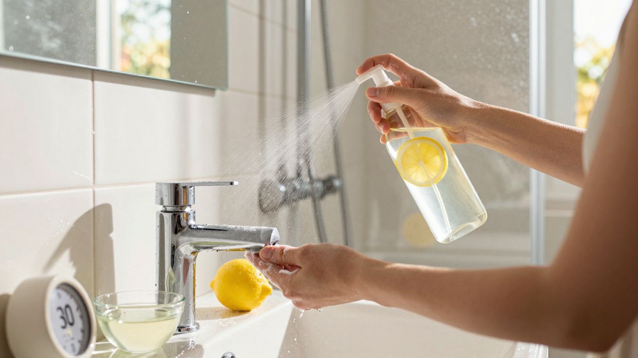 Pessoa a borrifar solução de limpeza caseira com limão numa torneira de casa de banho moderna.