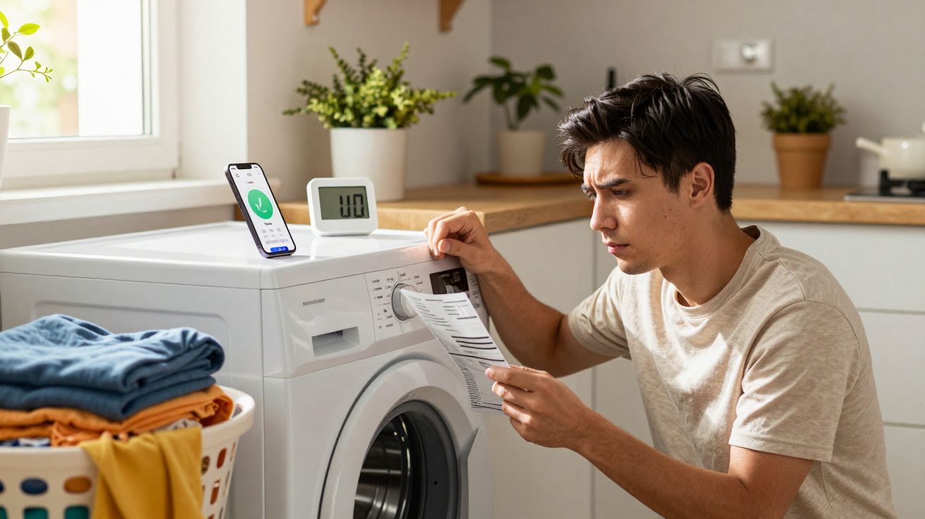 Homem atento a manual enquanto programa máquina de lavar roupa numa cozinha luminosa.