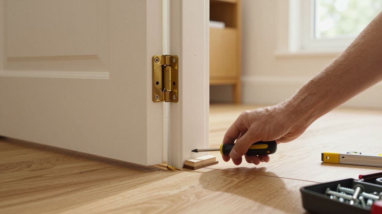Mão a ajustar a porta branca com uma chave de fendas numa sala com chão de madeira clara.