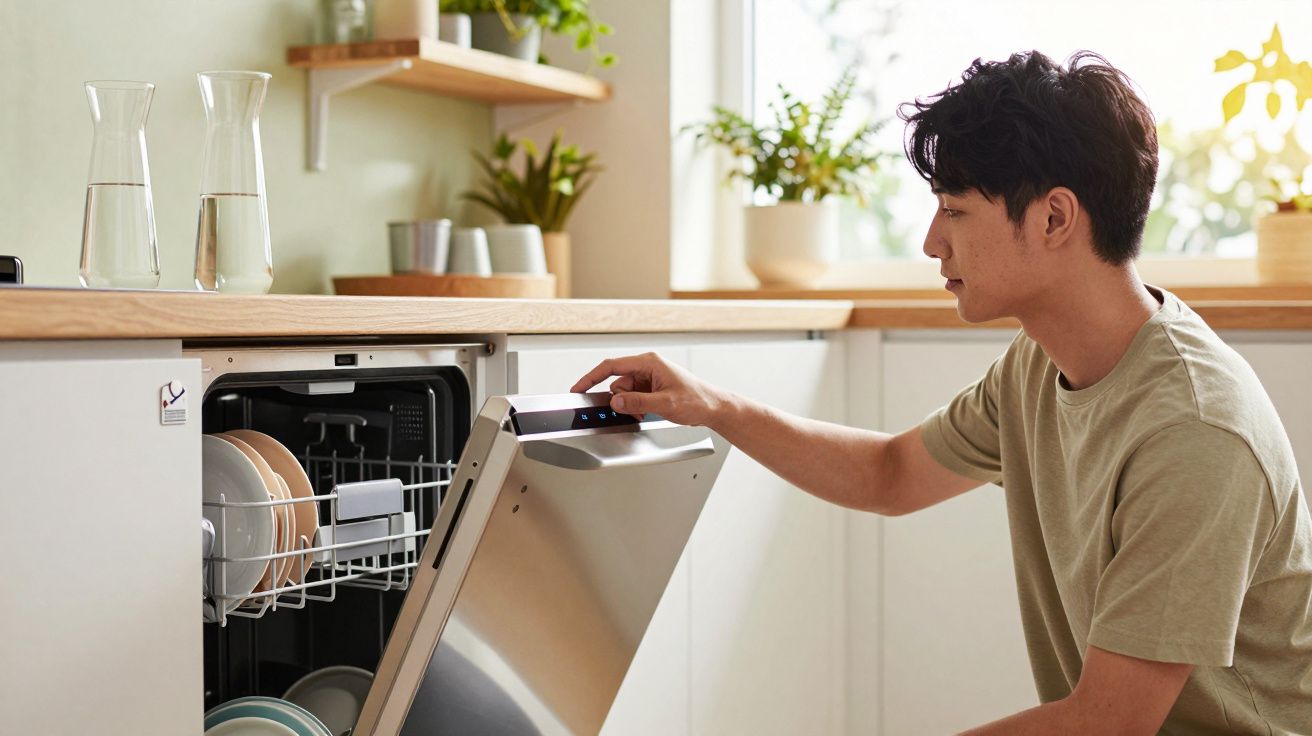 Homem a abrir máquina de lavar loiça inox numa cozinha moderna com luz natural e plantas.