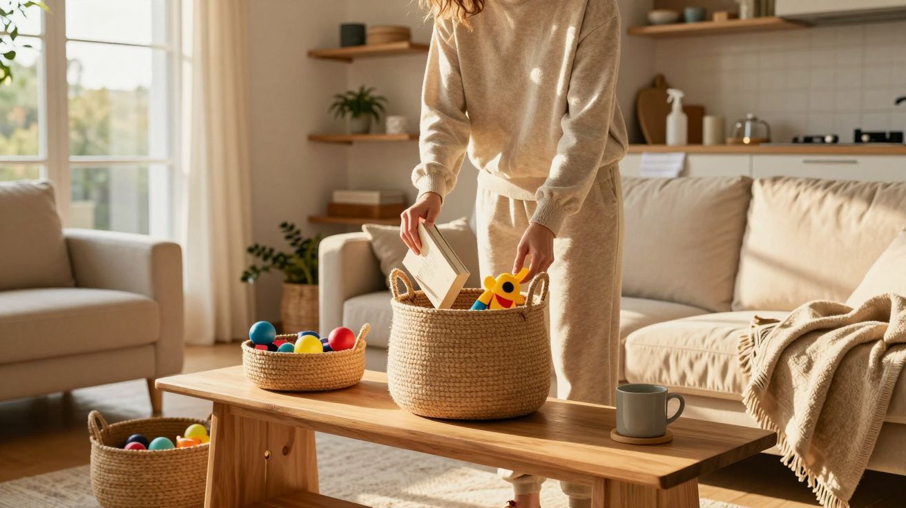 Pessoa a arrumar brinquedos em cesto de vime numa sala de estar com iluminação natural e decoração acolhedora.