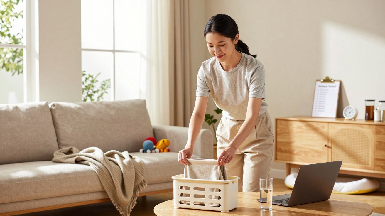 Mulher jovem a recolher roupa num cesto na sala com sofá, mesa e computador portátil.
