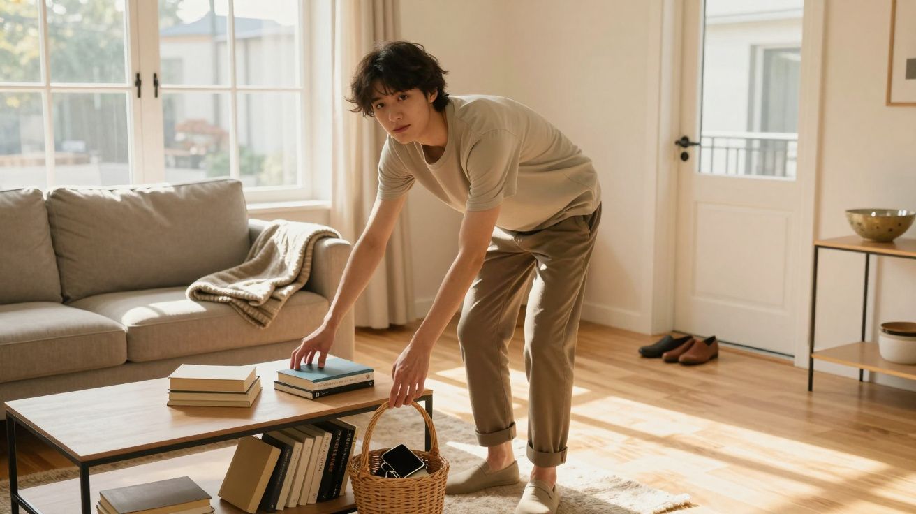 Pessoa jovem a organizar livros numa mesa de centro numa sala iluminada e acolhedora.