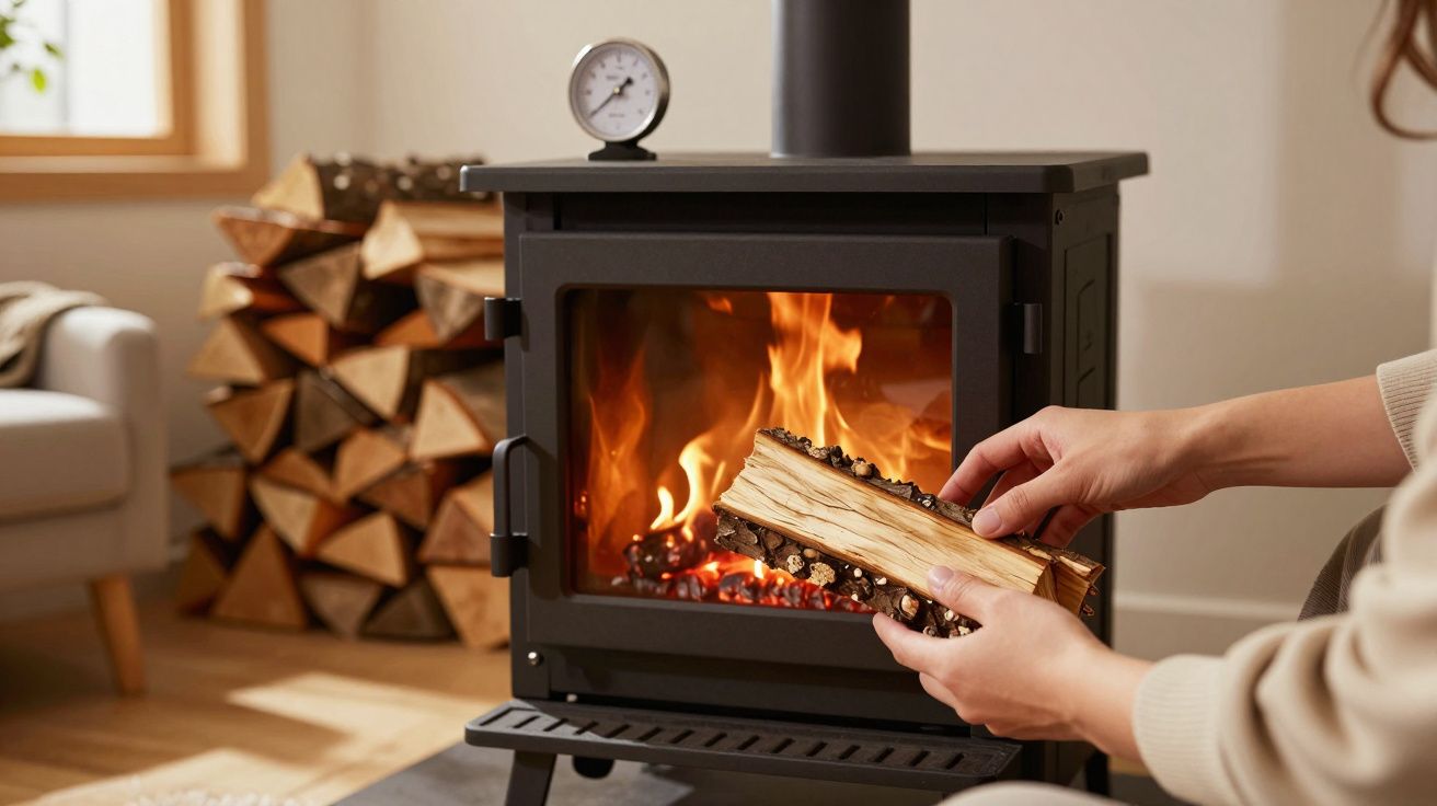 Pessoa a colocar lenha numa salamandra acesa numa sala aconchegante com madeira empilhada.