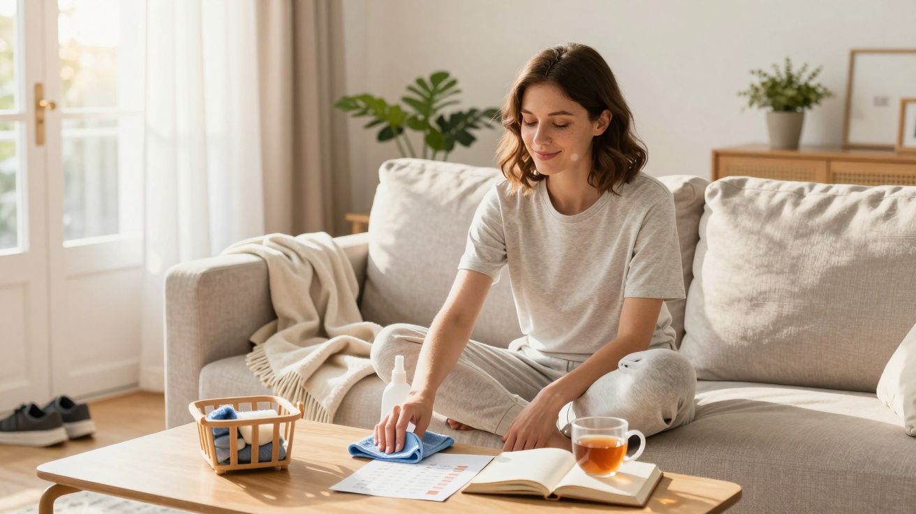 Mulher sentada no sofá a limpar a mesa de madeira com um pano num ambiente confortável e iluminado.