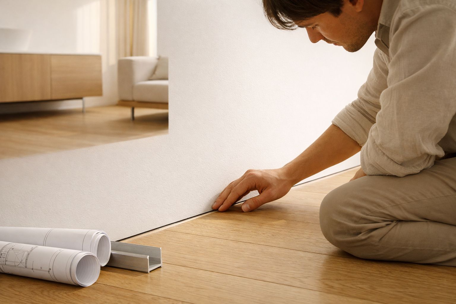 Pessoa a instalar chão flutuante de madeira numa divisão com plantas desenhadas no chão.