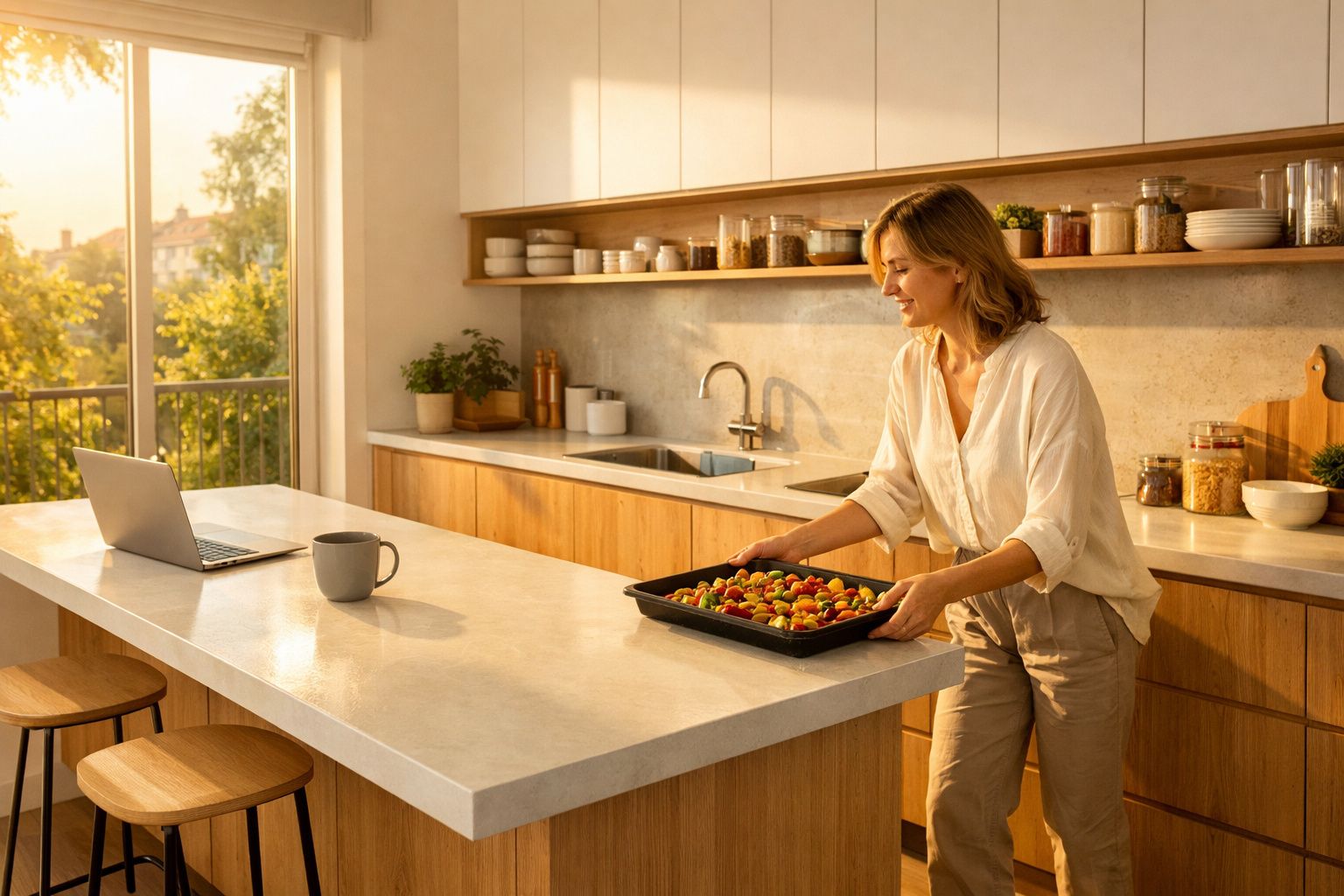 Mulher a retirar tabuleiro de legumes do forno numa cozinha moderna com luz natural.