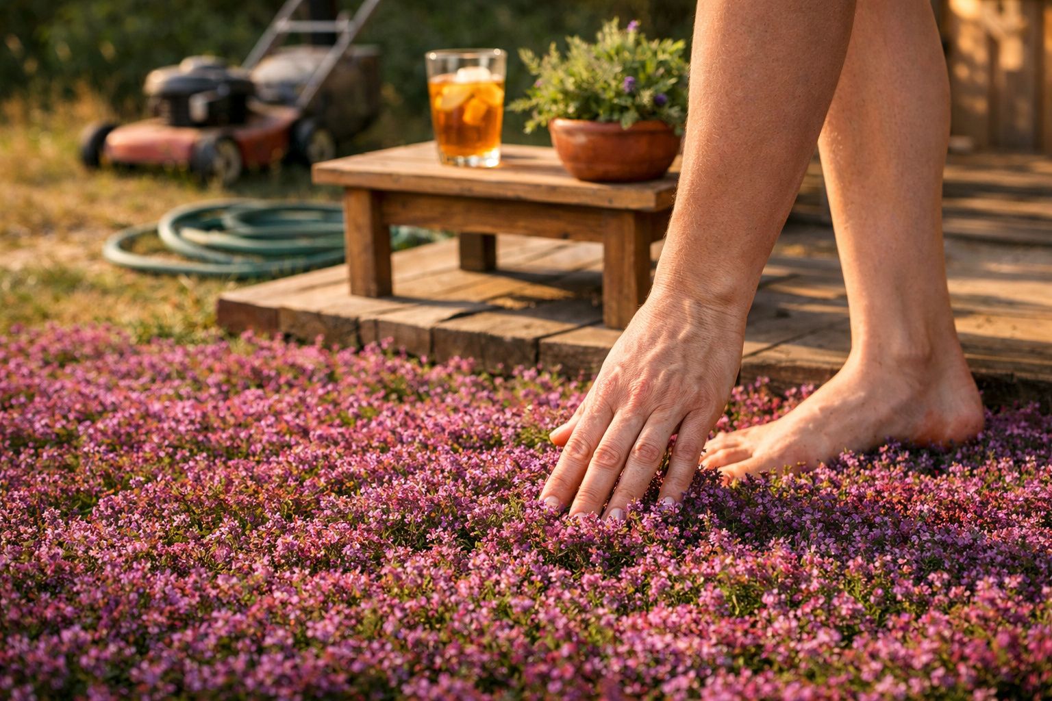 Pessoa descalça a tocar flores roxas num campo perto de um deck de madeira com mesa e bebida.